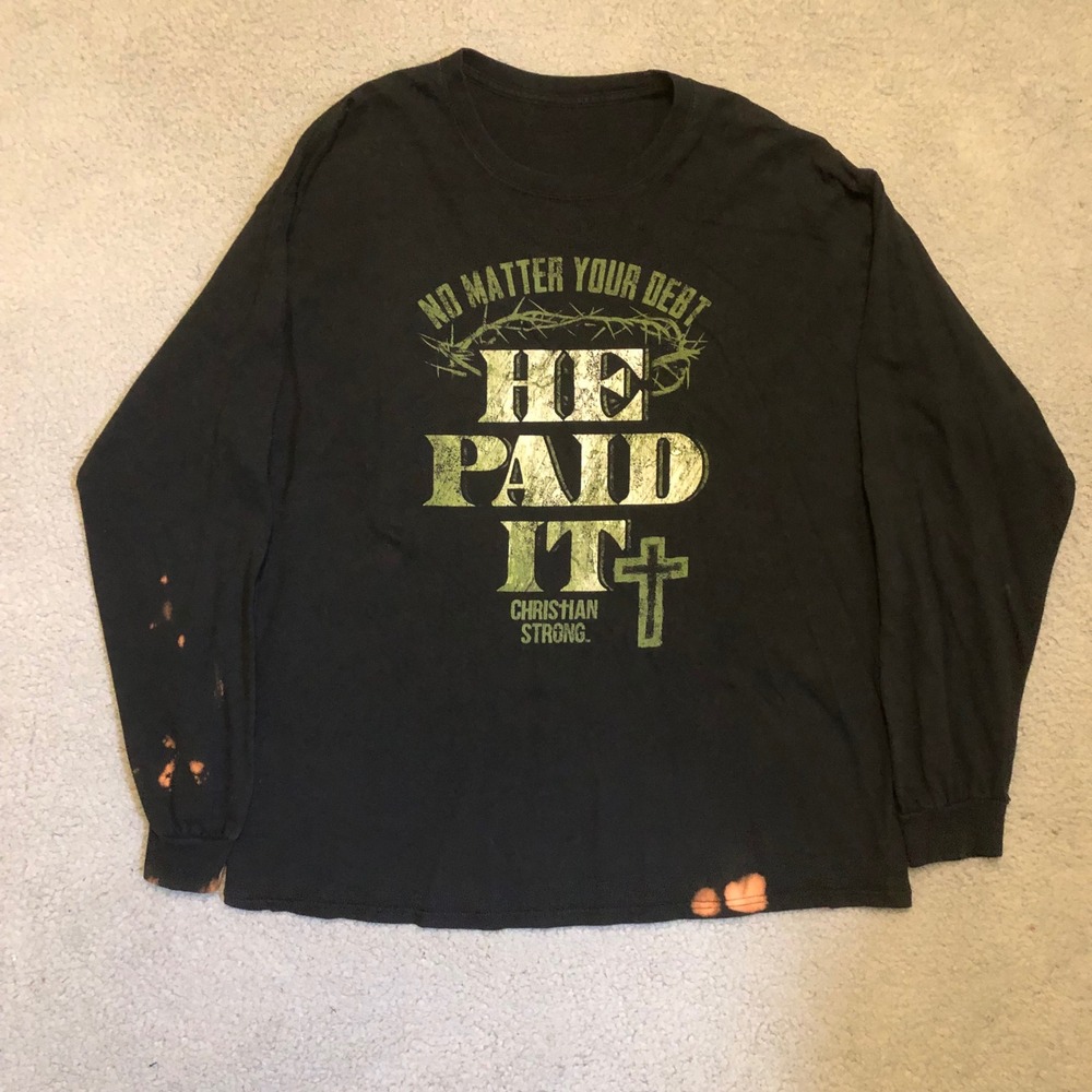 Vtg 2000s Christian Strong He Paid It Long Sleeve Shirt‎ Distressed Black XL
